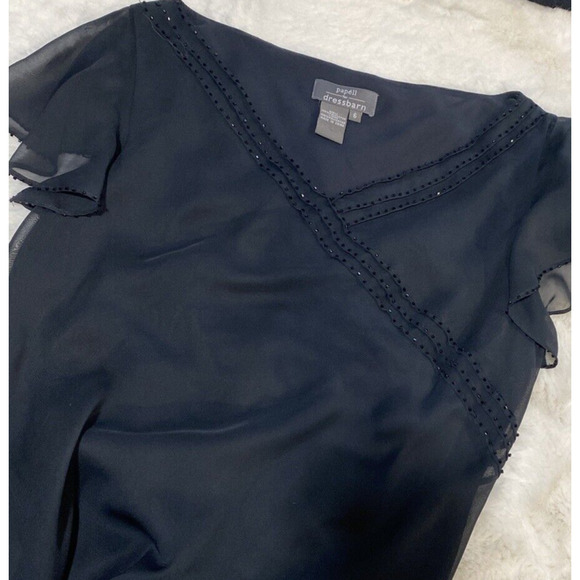 Women's Asymmetric Beaded Black Flutter Sleeve Handkerchief Maxi Dress‎ Sz 6 - Picture 4 of 12